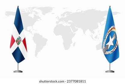 Dominican Republic and Northern Mariana Islands flags for official meeting against background of world map.