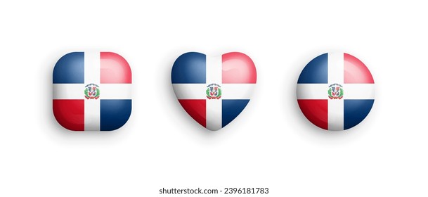 Dominican Republic Official National Flag 3D Vector Glossy Icons In Rounded Square, Heart And Circle Shapes On White. Dominican Sign And Symbols Graphic Design Elements Volumetric Buttons Collection