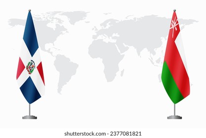 Dominican Republic and Oman flags for official meeting against background of world map.