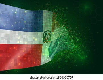 República Dominicana, sobre la bandera del vector 3d sobre el fondo verde con polígonos y números de datos