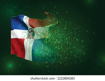 Dominican Republic, on vector 3d flag on green background with polygons and data numbers