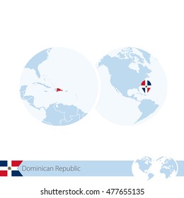 Dominican Republic on world globe with flag and regional map of Dominican Republic. Vector Illustration.