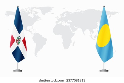 Dominican Republic and Palau flags for official meeting against background of world map.