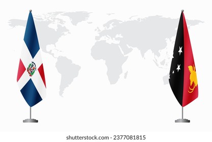 Dominican Republic and Papua New Guinea flags for official meeting against background of world map.