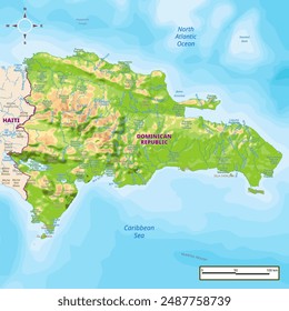 Dominican Republic physical map with national borders, rivers and lakes, mountains, parks, labeling