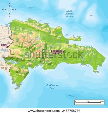 Dominican Republic physical map with national borders, rivers and lakes, mountains, parks, labeling