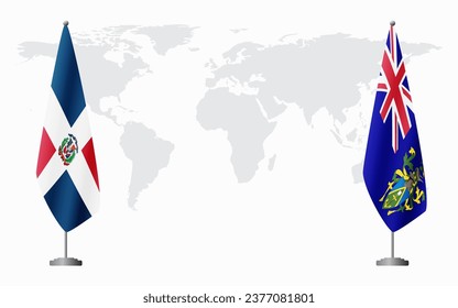 Dominican Republic and Pitcairn Islands flags for official meeting against background of world map.