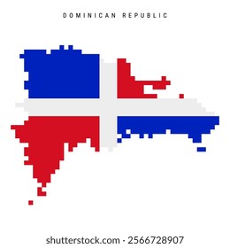 Dominican Republic pixel flag map icon. 8 bit pixel art Republica Dominicana map covered with flag. Flat vector illustration isolated on white background.