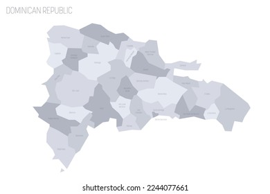 Dominican Republic political map of administrative divisions - provinces and national district. Grey vector map with labels.