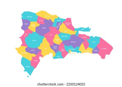 Dominican Republic political map of administrative divisions - provinces and national district. Colorful vector map with labels.