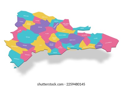 Dominican Republic political map of administrative divisions - provinces and national district. 3D colorful vector map with name labels.