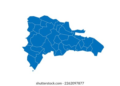 Dominican Republic political map of administrative divisions - provinces and national district. Solid blue blank vector map with white borders.