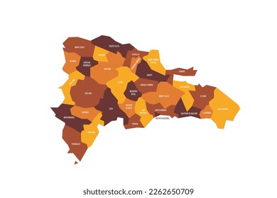 Dominican Republic political map of administrative divisions - provinces and national district. Flat vector map with name labels. Brown - orange color scheme.