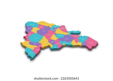 Dominican Republic political map of administrative divisions - provinces and national district. Colorful 3D vector map with dropped shadow and country name labels.