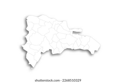 Dominican Republic political map of administrative divisions - provinces and national district. Flat white blank map with thin black outline and dropped shadow.