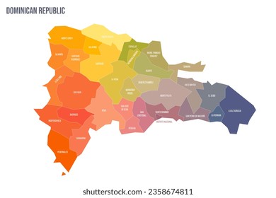 Dominican Republic political map of administrative divisions - provinces and national district. Colorful spectrum political map with labels and country name.