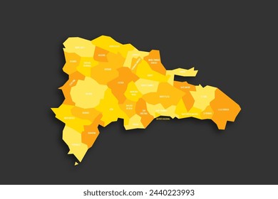 Dominican Republic political map of administrative divisions - provinces and national district. Yellow shade flat vector map with name labels and dropped shadow isolated on dark grey background.