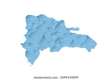 Dominican Republic political map of administrative divisions - provinces and national district. Shaded vector map with 3D-like blue gradient and name labels