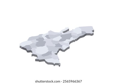 Dominican Republic political map of administrative divisions - provinces and national district. 3D isometric blank vector map in shades of grey.