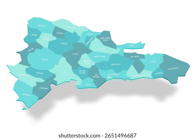 Mapa político das divisões administrativas da República Dominicana - províncias e distrito nacional. Mapa de vetor turquesa 3D com rótulos de nome.