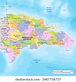 Dominican Republic political map with capital , cities, towns, national borders, rivers and lakes. labeling