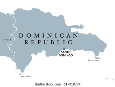 Dominican Republic political map with capital Santo Domingo. Caribbean country on the Hispaniola island in the Greater Antilles archipelago. Gray illustration over white. English labeling. Vector.