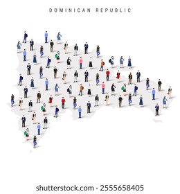 Dominican Republic population map. Large group of realistic a diverse crowd of people figures in a shape of Republica Dominicana map. Flat vector illustration isolated on white.