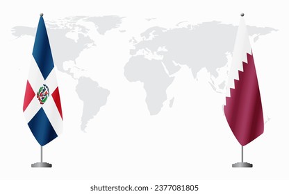 Dominican Republic and Qatar flags for official meeting against background of world map.