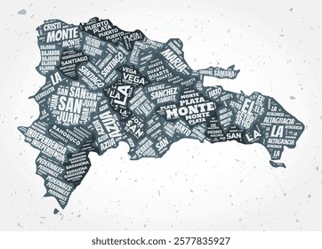 Dominican Republic regions word clouds. Country shape on textured background. Dominican Republic design in typographic style. Stylish vector illustration.