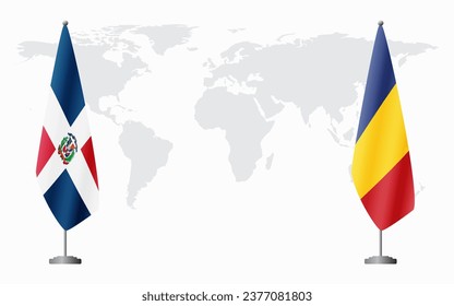 Dominican Republic and Romania flags for official meeting against background of world map.