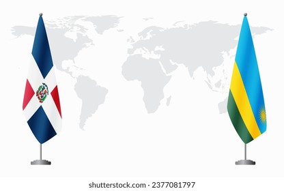 Dominican Republic and Rwanda flags for official meeting against background of world map.