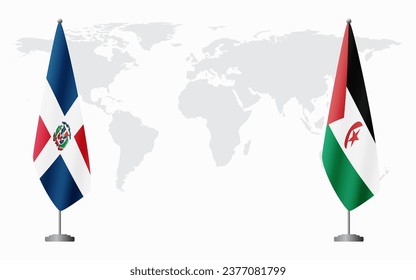 Dominican Republic and Sahrawi Arab Democratic Republic flags for official meeting against background of world map.