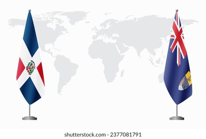 Dominican Republic and Saint Helena flags for official meeting against background of world map.