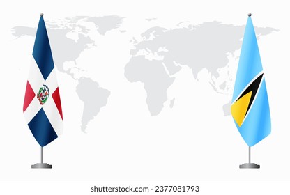 Dominican Republic and Saint Lucia flags for official meeting against background of world map.