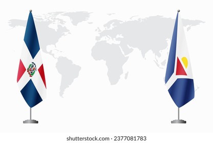 Dominican Republic and Saint Martin flags for official meeting against background of world map.