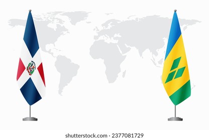 Dominican Republic and Saint Vincent and the Grenadines flags for official meeting against background of world map.