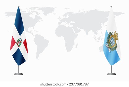 Dominican Republic and San Marino flags for official meeting against background of world map.