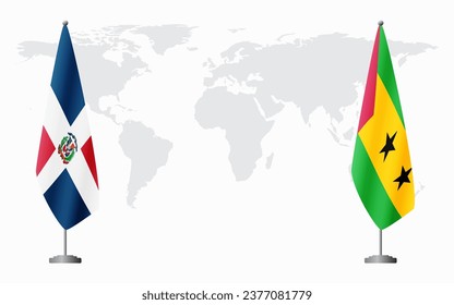 Dominican Republic and Sao Tome and Principe flags for official meeting against background of world map.