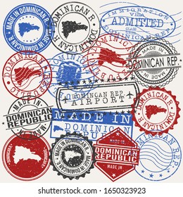 Dominican Republic Set of Stamps. Travel Passport Stamps. Made In Product. Design Seals in Old Style Insignia. Icon Clip Art Vector Collection.