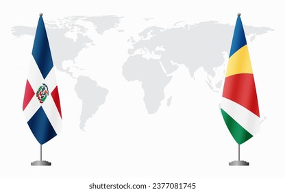 Dominican Republic and Seychelles flags for official meeting against background of world map.