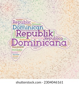 Dominican Republic shape with country names word cloud in multiple languages. Dominican border map on amazing triangles scattered around. Beautiful vector illustration.