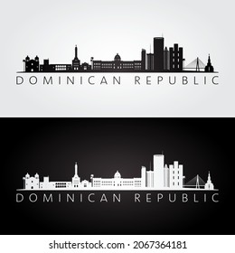 Dominican Republic skyline and landmarks silhouette, black and white design, vector illustration.