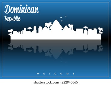 Dominican Republic, skyline silhouette vector design on parliament blue and black background.