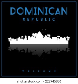 Dominican Republic, skyline silhouette vector design on parliament blue and black background.