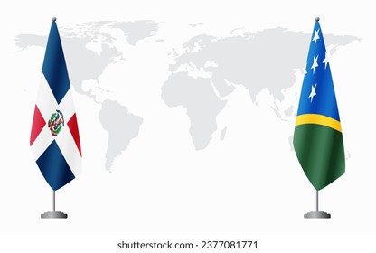 Dominican Republic and Solomon Islands flags for official meeting against background of world map.