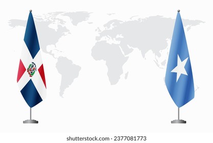 Dominican Republic and Somalia flags for official meeting against background of world map.