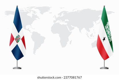 Dominican Republic and Somaliland flags for official meeting against background of world map.