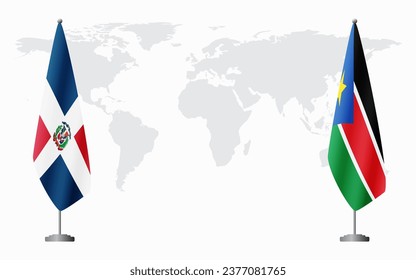 Dominican Republic and South Sudan flags for official meeting against background of world map.