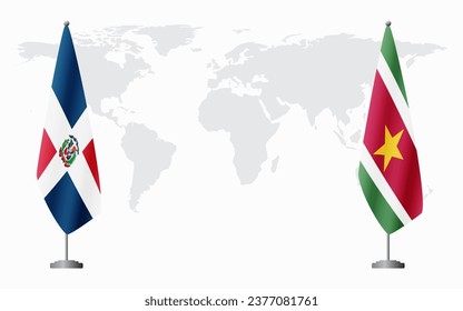 Dominican Republic and Suriname flags for official meeting against background of world map.