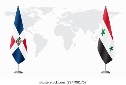 Dominican Republic and Syria flags for official meeting against background of world map.